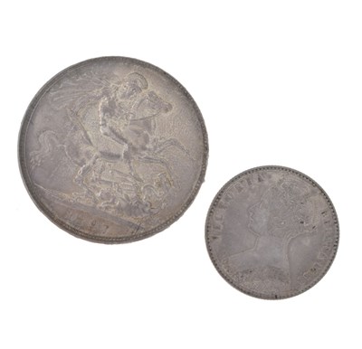 Lot 186 - Queen Victoria silver crown and a 'Godless' silver florin