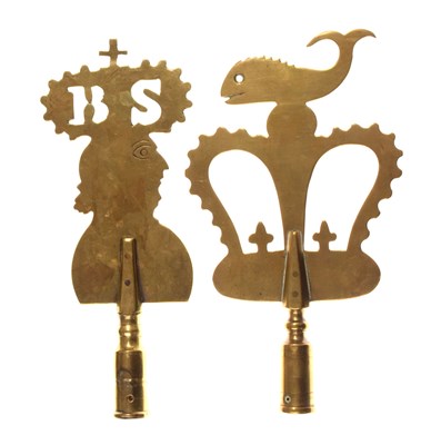 Lot 258 - Two Gloucestershire Friendly Society brass staff heads