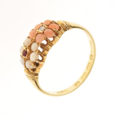 Lot 67 - 18ct gold, seed pearl and coral double flowerhead ring