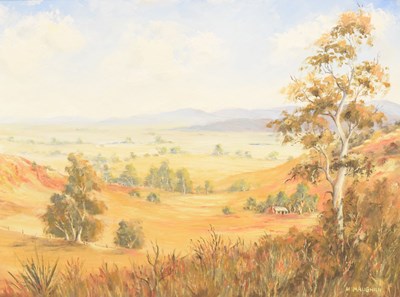 Lot 689 - M. Maughan (Australian, 20th century) - Oil on board - Rural landscape with cottage