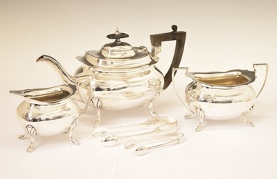 Lot 287 - Silver three-piece tea set and two pairs of silver sugar tongs