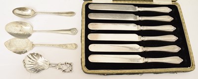 Lot 236 - Elizabeth II silver tea caddy spoon, cased set of silver handled tea knives, etc