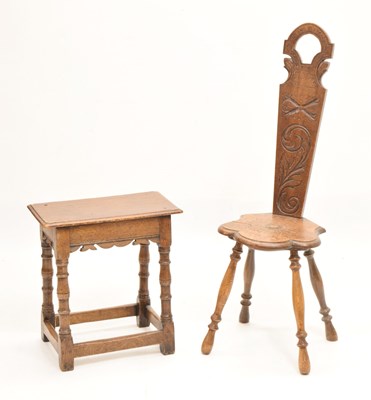 Lot 825 - Oak 17th century-style stool and carved spinning chair