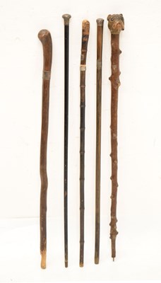 Lot 320 - Edwardian silver capped walking cane, together with four walking sticks