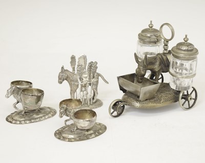 Lot 214 - Pair of 800 white metal mule and pannier salts, etc