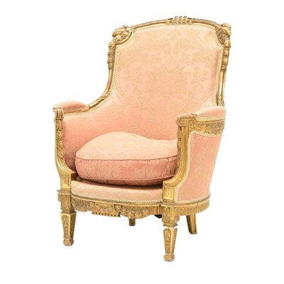 Lot 719 - 19th or early 20th Century Continental gilt framed damask armchair