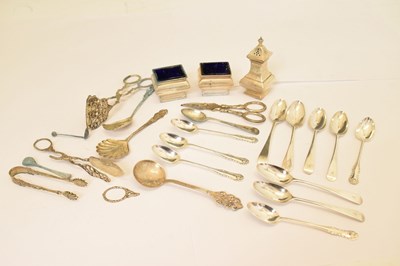 Lot 240 - George V silver three-piece condiment set, together with a quantity of silver and white-metal flatware, etc.