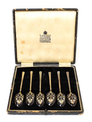 Lot 126 - Garrard & Co Ltd retailer - Cased set of six Elizabeth II silver and enamel teaspoons