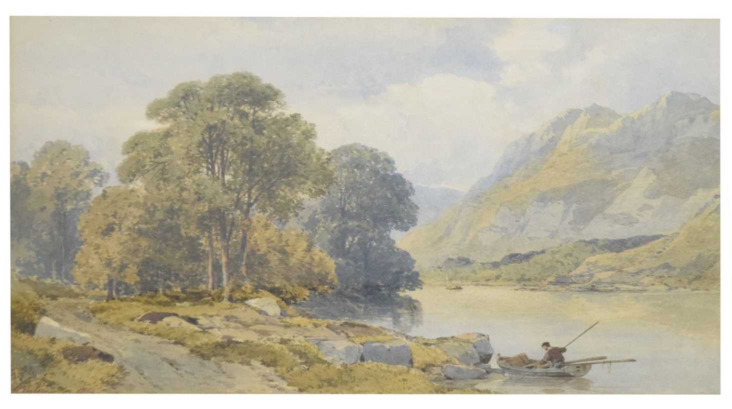 Lot 564 - Aaron Edwin Penley (1806-1870) - Watercolour - Loch scene with figure in a fishing boat