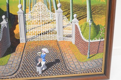 Lot 607 - Peter Szumowski, (b. 1954) - Acrylic on canvas - 'First Date', figures beside a gate