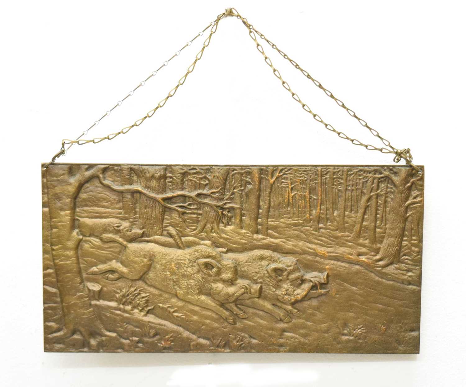 Lot 329 - Large rectangular bronze plaque of wild boar