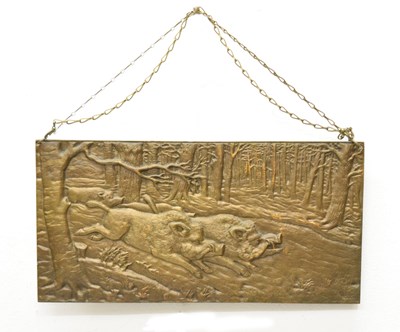 Lot 329 - Large rectangular bronze plaque of wild boar