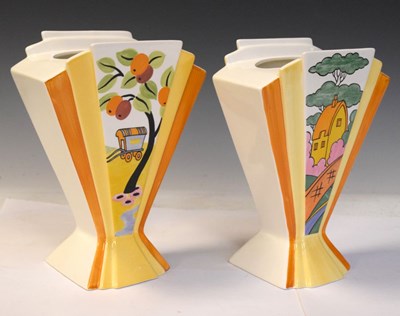 Lot 294 - Clarice Cliff limited edition - Two 'Sun Ray' vases 'Caravan' and 'Orange Roof Cottage'