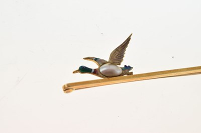 Lot 44 - Enamel and pearl decorated duck in flight bar brooch