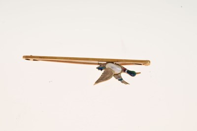Lot 44 - Enamel and pearl decorated duck in flight bar brooch