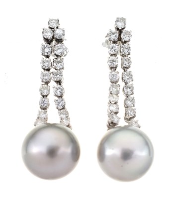 Lot 43 - Pair of grey South Sea cultured pearl and diamond drop earrings