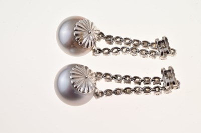 Lot 43 - Pair of grey South Sea cultured pearl and diamond drop earrings