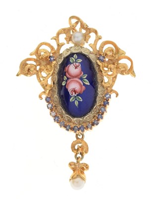 Lot 41 - Italian '750' sapphire and cultured pearl pendant/brooch