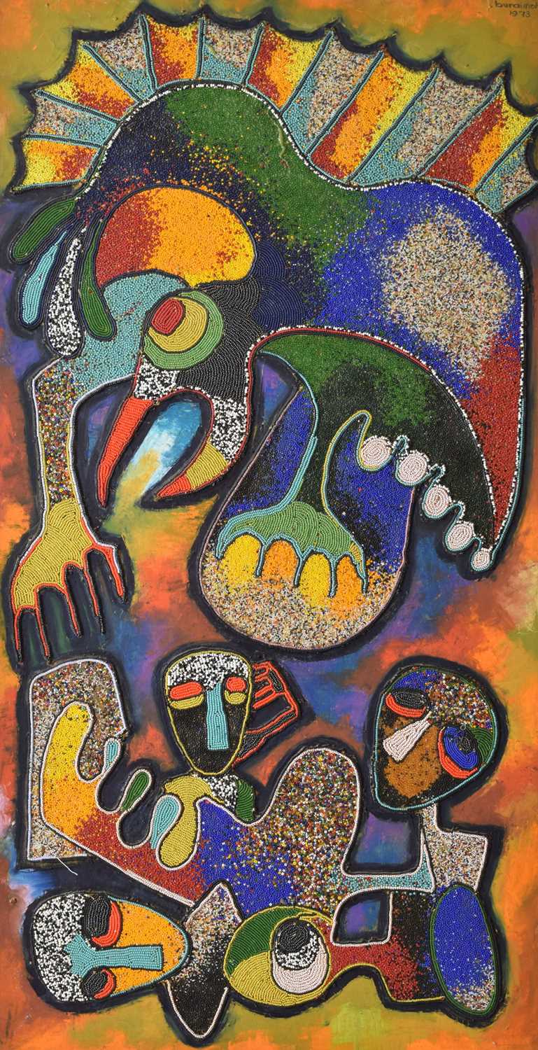 Lot 667 - Chief Jimoh Buraimoh (b. 1943) - Figural abstract beadwork on panel