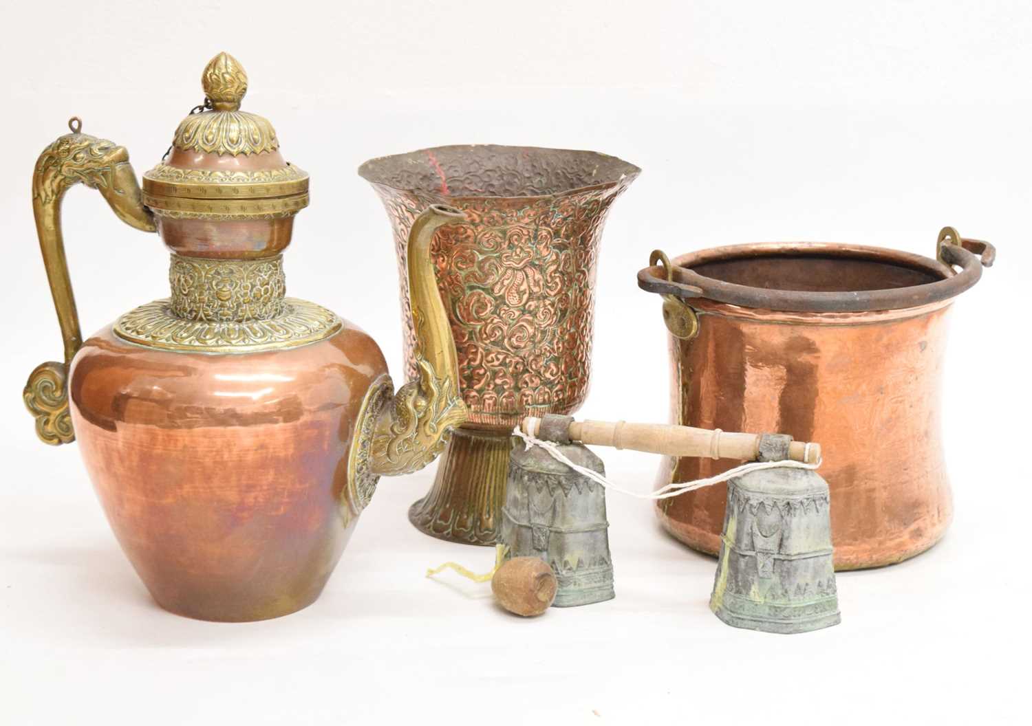 Lot 473 - Tibetan copper and brass coffee pot and vase, together with a copper bucket