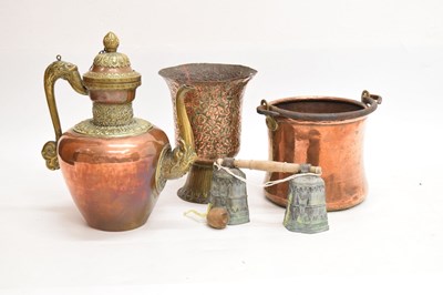 Lot 473 - Tibetan copper and brass coffee pot and vase, together with a copper bucket