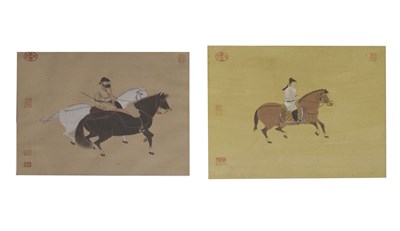 Lot 499 - Pair of Japanese prints of figures on horseback, red seal stamps