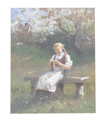 Lot 602 - Hans Dahl (1849-1937) - Oil on board - Girl knitting