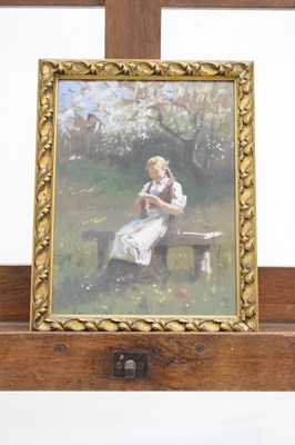Lot 602 - Hans Dahl (1849-1937) - Oil on board - Girl knitting