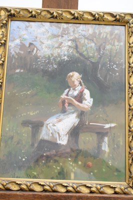 Lot 602 - Hans Dahl (1849-1937) - Oil on board - Girl knitting