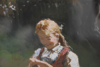Lot 602 - Hans Dahl (1849-1937) - Oil on board - Girl knitting