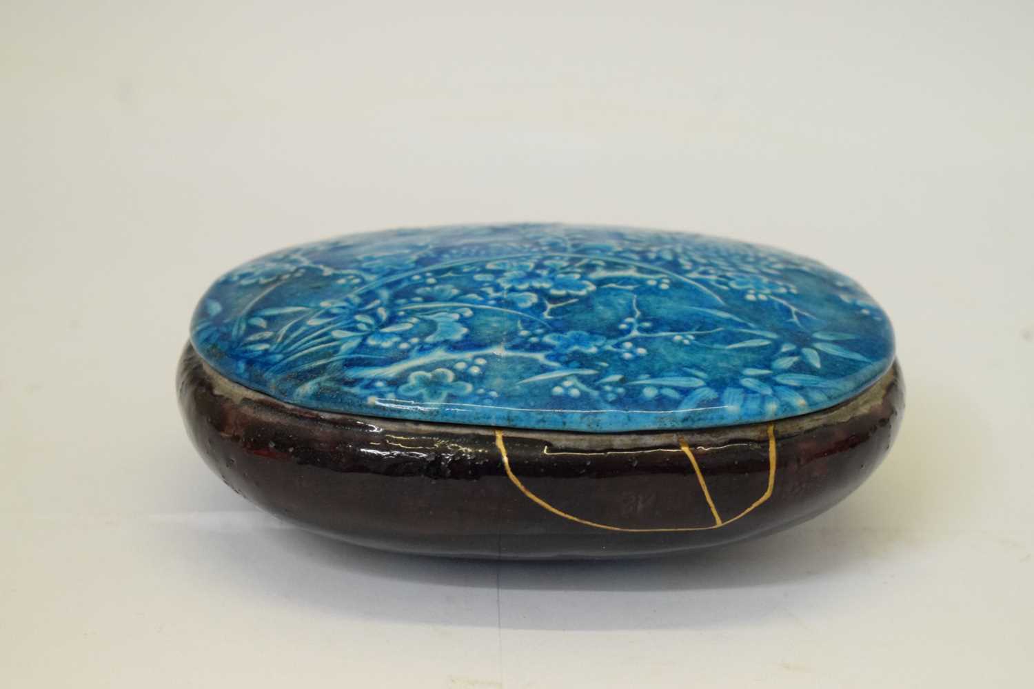 Lot 482 - Chinese Archaistic-style blue and brown glaze pottery box and cover