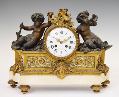 Lot 646 - 19th Century French white marble, brass and bronze mantel clock