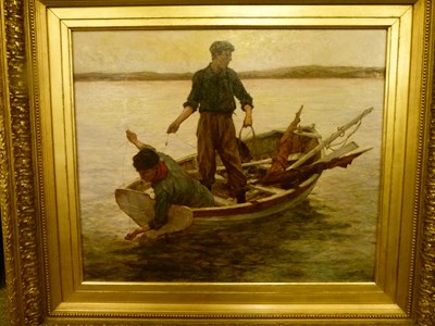 Lot 565 - Newlyn School - Oil on canvas - Two line fishermen in a rowing boat
