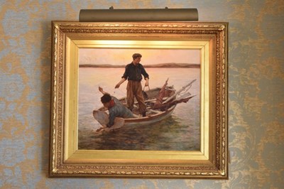 Lot 565 - Newlyn School - Oil on canvas - Two line fishermen in a rowing boat
