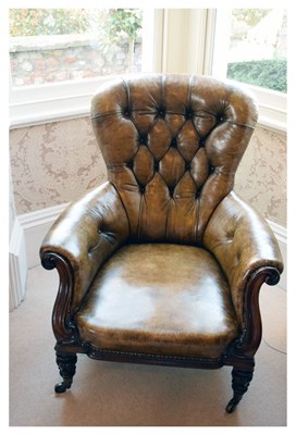 Lot 583 - Early Victorian mahogany framed tan hide library chair