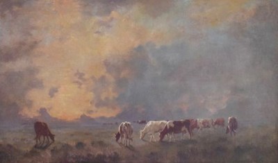 Lot 566 - Manner of William Frederick Hulk, (1852-1906) - Oil on canvas - Cattle grazing