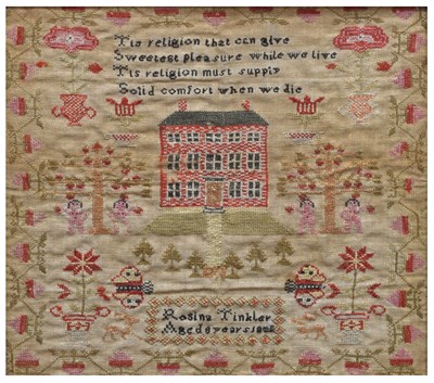 Lot 597 - George III pictorial needlework sampler, Rosina Tinkler 1805