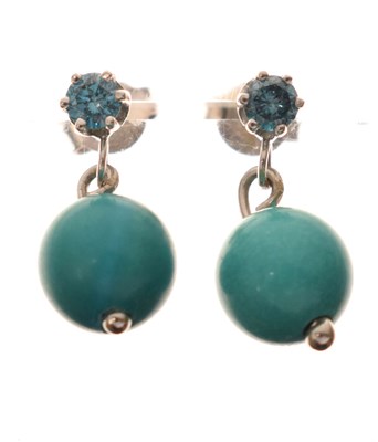 Lot 107 - Pair of blue diamond and turquoise drop earrings