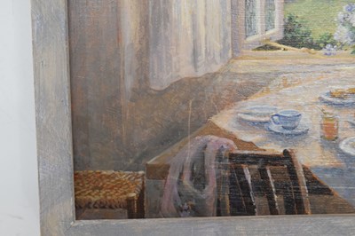 Lot 541 - Stephen J Darbishire RBA (b.1940) - Oil on board - 'Afternoon Tea'