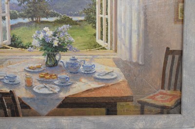 Lot 541 - Stephen J Darbishire RBA (b.1940) - Oil on board - 'Afternoon Tea'
