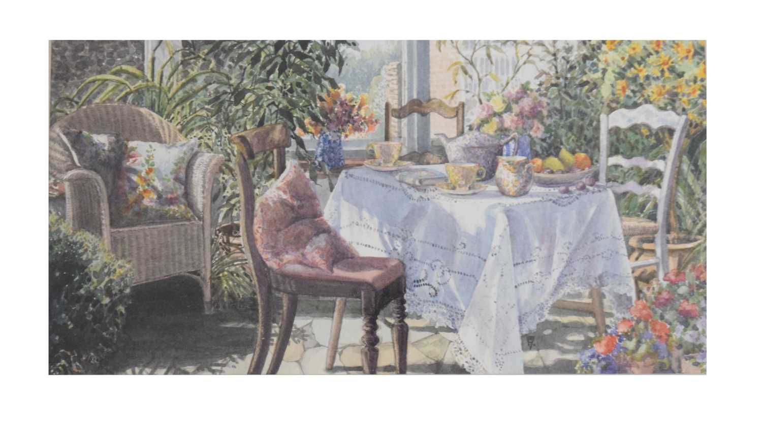 Lot 546 - Frances Shearing - Watercolour - 'Conservatory Tea'