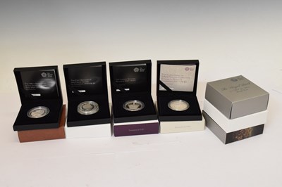 Lot 179 - Seven Royal Mint Brilliant silver proof Crown and Commemorative £5 coins, in presentation case