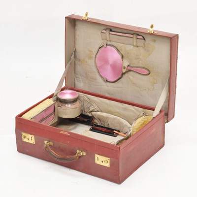 Lot 122 - Silver and pink enamel seven-piece dressing set