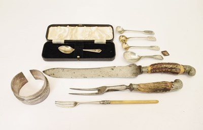 Lot 111 - George IV silver caddy spoon, white-metal mounted stag horn carving set, white-metal bangle, etc