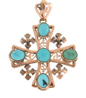 Lot 102 - Hebrew cross pendant set five turquoise cabochons
