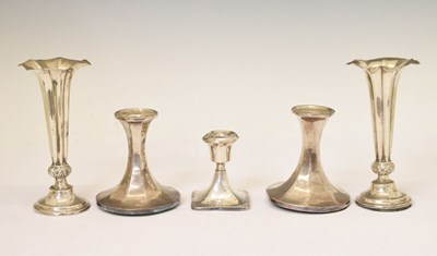 Lot 264 - Pair of Victorian silver bud vases, together with a pair and single dwarf candlesticks