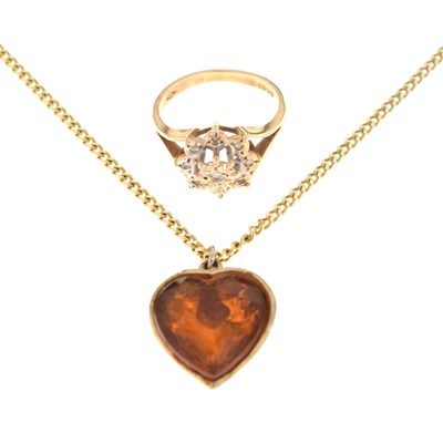Lot 42 - 9ct gold diamond set dress ring and gold chain with heart-shaped pendant
