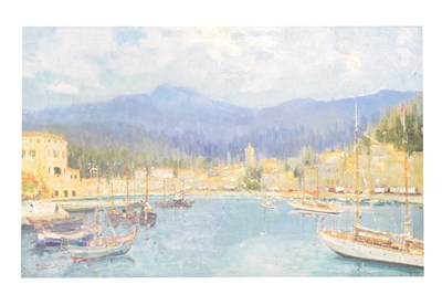 Lot 726 - Mid 20th century oil on canvas - Mediterranean harbour scene