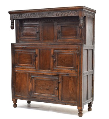 Lot 736 - Dated Charles II Welsh oak cwpwrdd dueddarn or two-stage press cupboard, North Wales, 1678