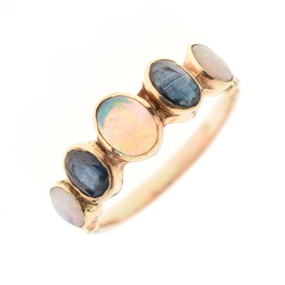 Lot 14 - Five-stone dress ring set three opals and two sapphires